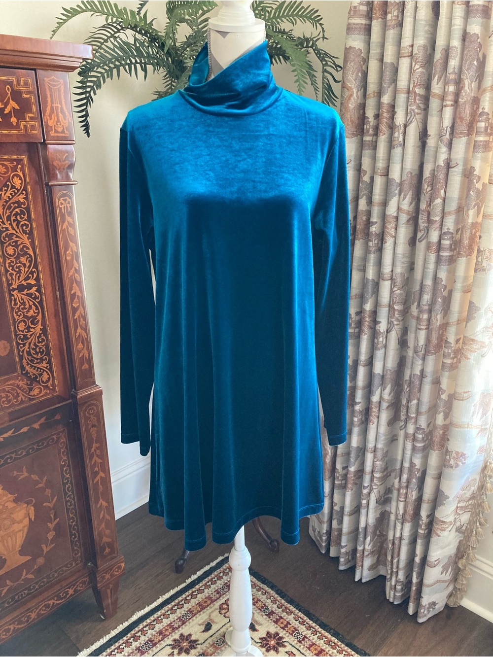 Joan Vass Teal Velvet Long-Sleeve Turtleneck Dress